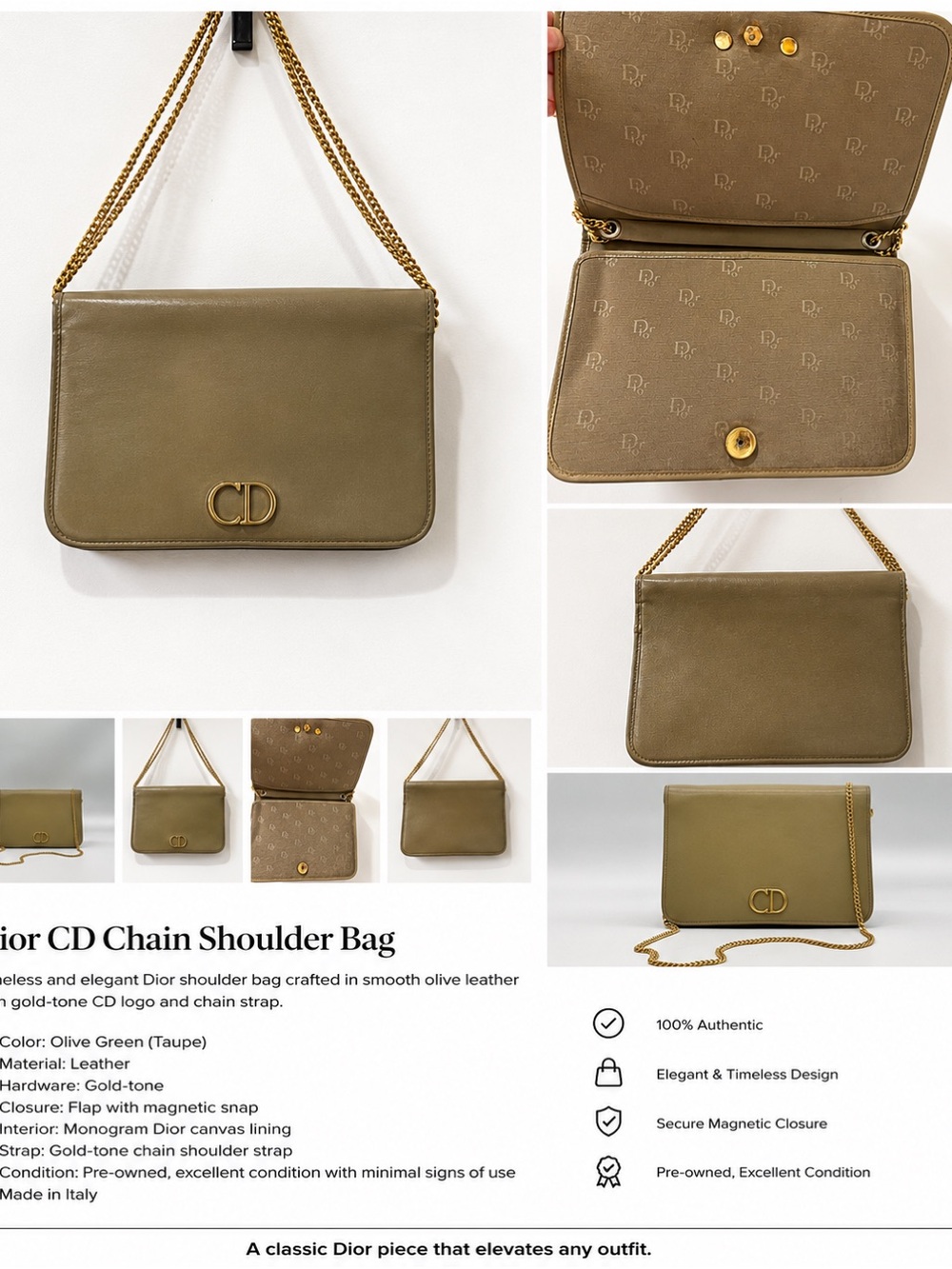 Dior Olive Leather Chain Shoulder Bag with Gold CD Logo